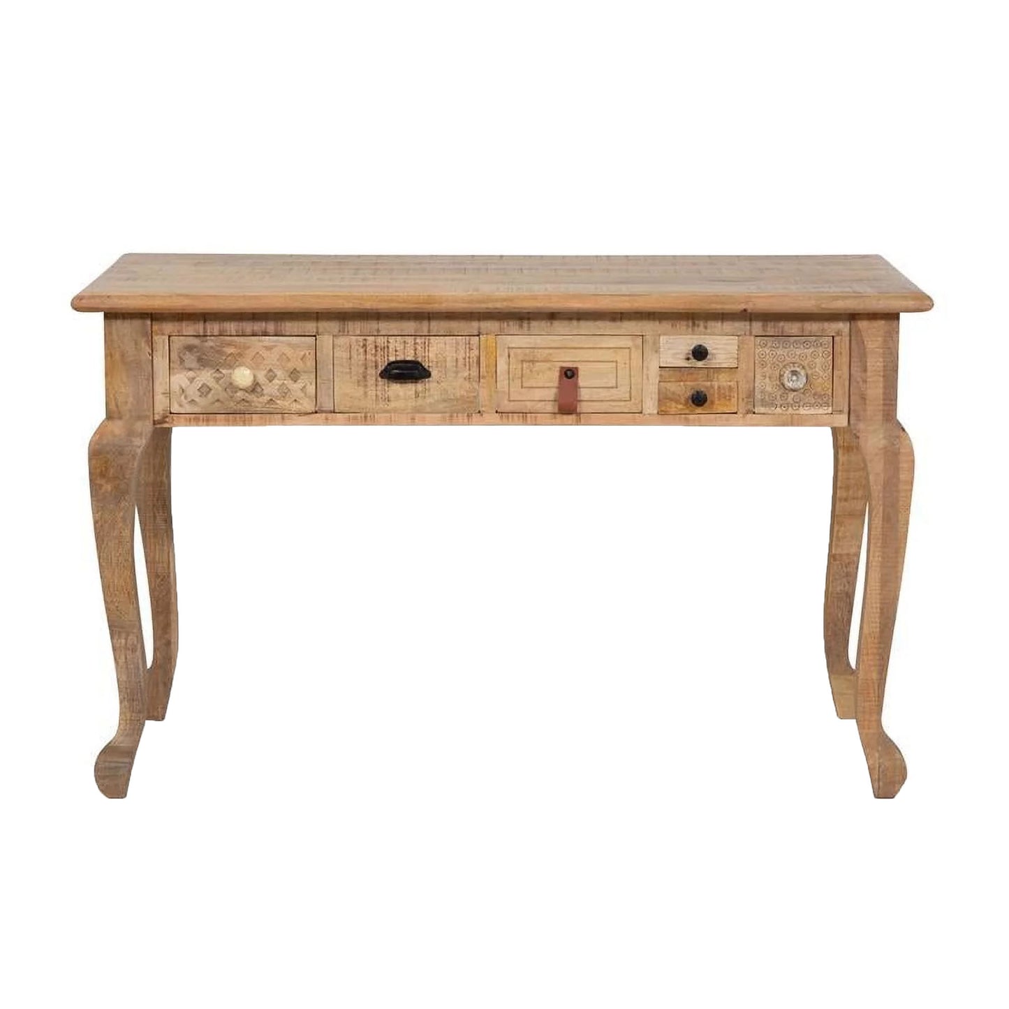 Blan 53 Inch Desk 6 Drawers Hand Carved Natural Brown Mango Wood By Casagear Home BM311029