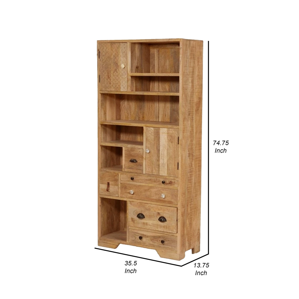 Blan 75 Inch Bookshelf 6 Doors Rough Sawn Natural Brown Mango Wood By Casagear Home BM311031