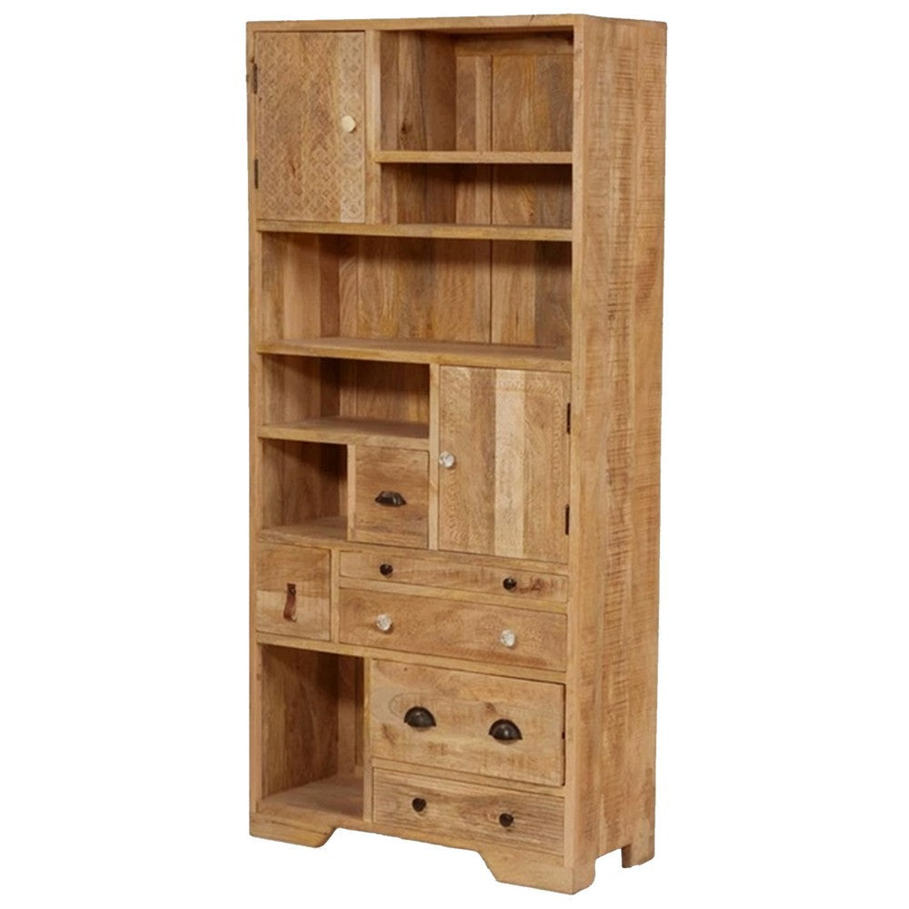 Blan 75 Inch Bookshelf, 6 Doors, Rough Sawn, Natural Brown Mango Wood By Casagear Home