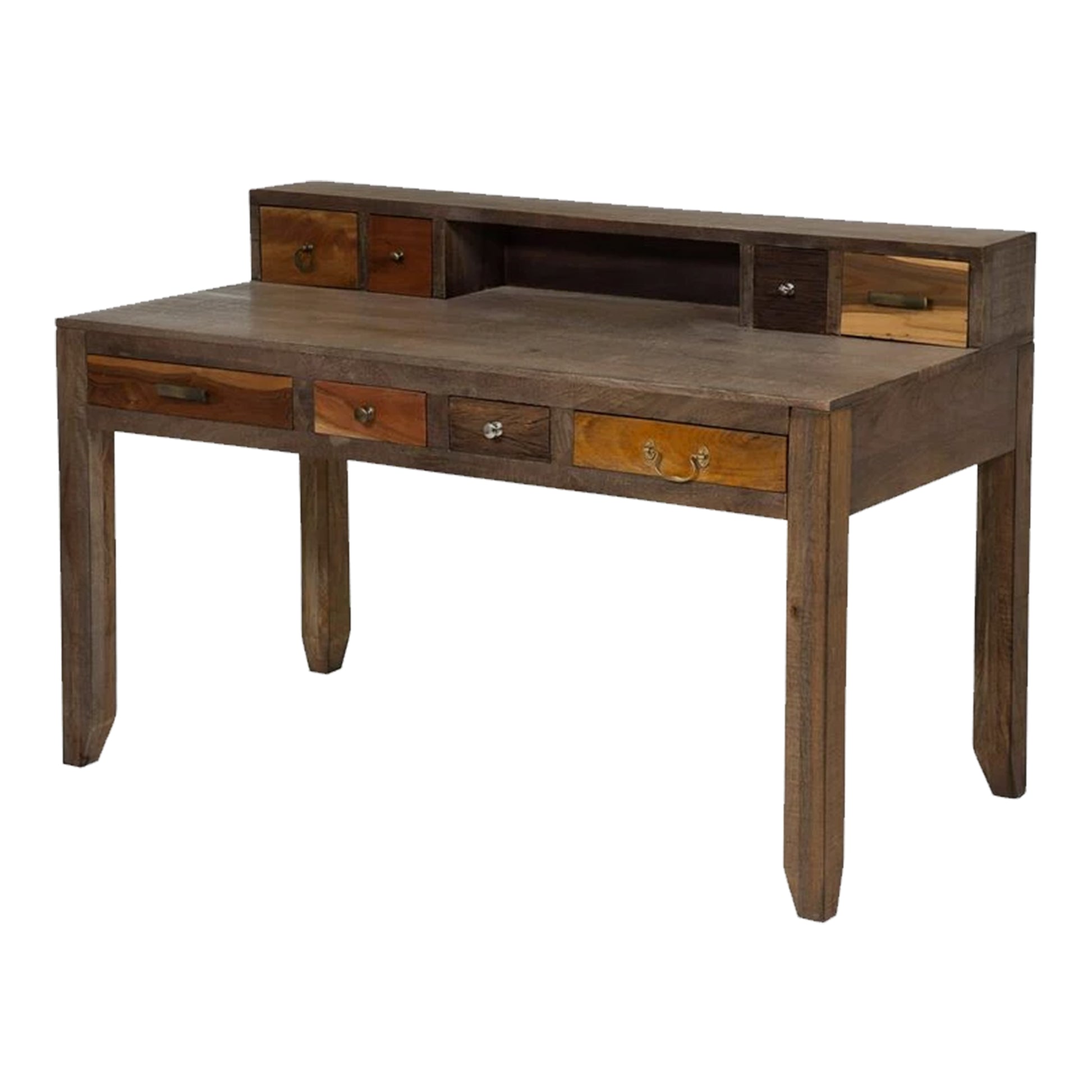 Saon 55 Inch Desk 8 Drawers and Open Shelf Natural Brown Solid Wood By Casagear Home BM311037