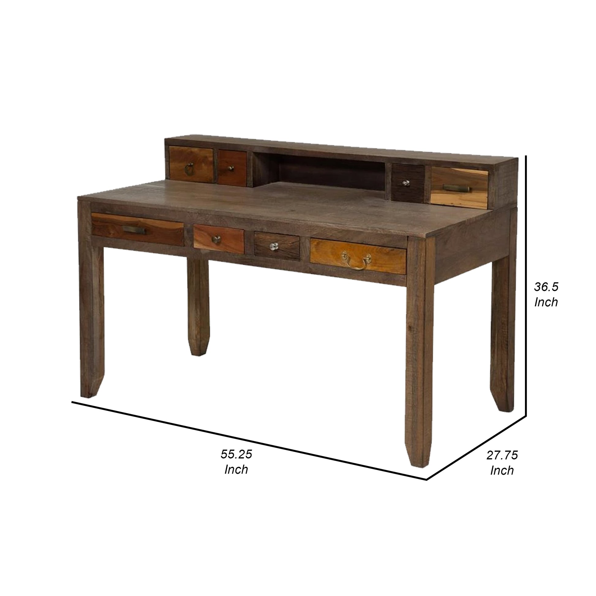 Saon 55 Inch Desk 8 Drawers and Open Shelf Natural Brown Solid Wood By Casagear Home BM311037