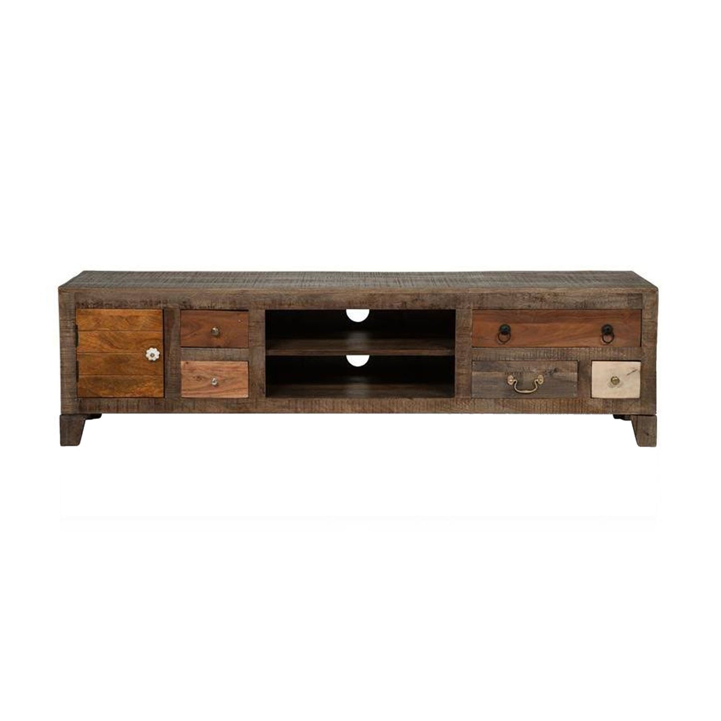 Saon 72 Inch TV Media Console 5 Drawer Door Natural Brown Solid Wood By Casagear Home BM311041