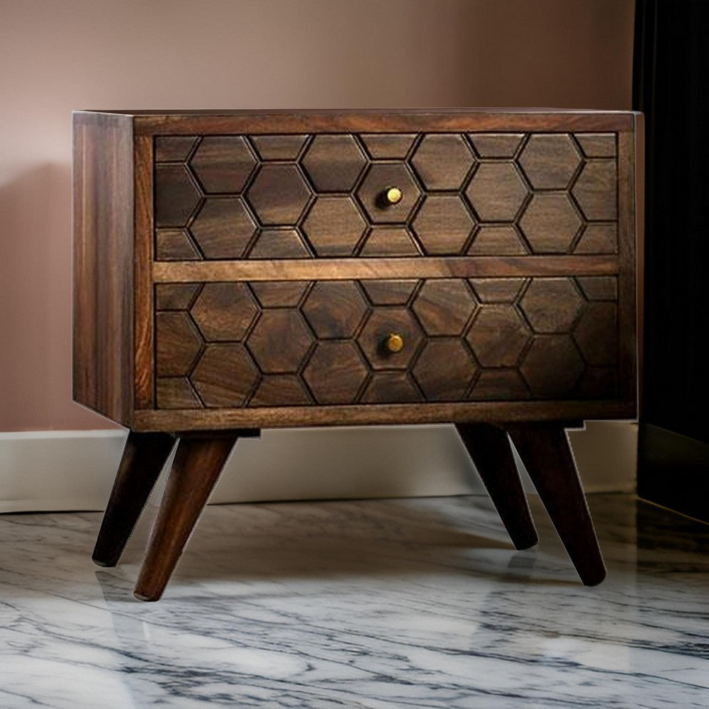 21 Inch Nightstand Table, 2 Drawers, Honeycomb, Indian Rosewood, Brown By Casagear Home