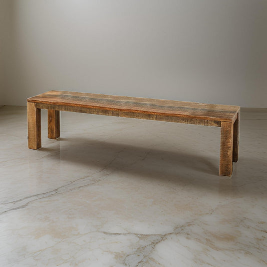 Agon 68 Inch Dining Bench, Mitered Corner, Rough Sawn, Natural Mango Wood By Casagear Home