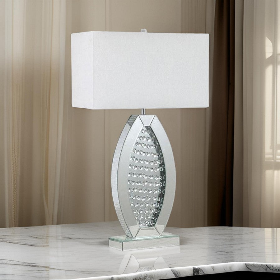 30 Inch Table Lamp, Acrylic Crystal, Rectangular Shade, Curved, Silver By Casagear Home