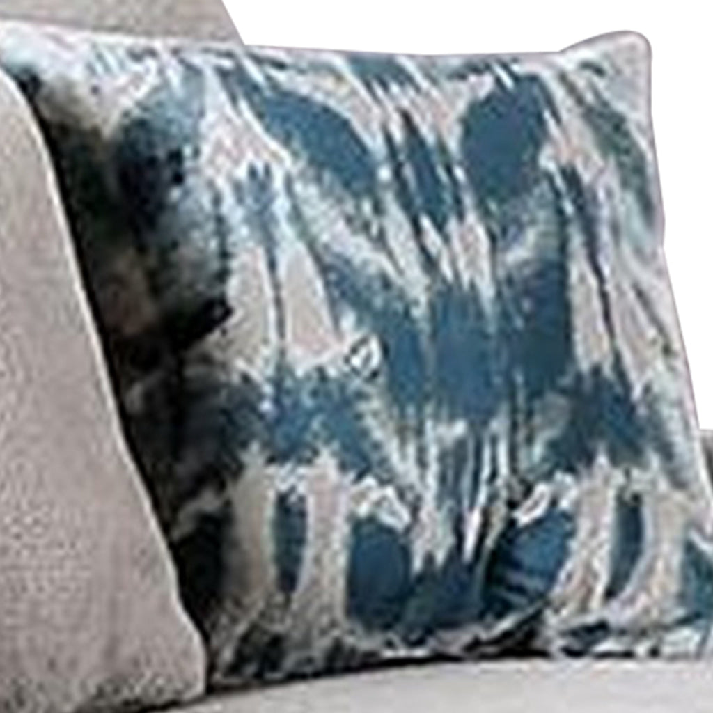 Beni 75 Inch Loveseat Rolled Arms 5 Pillows Nailhead Trim Beige Blue By Casagear Home BM311102