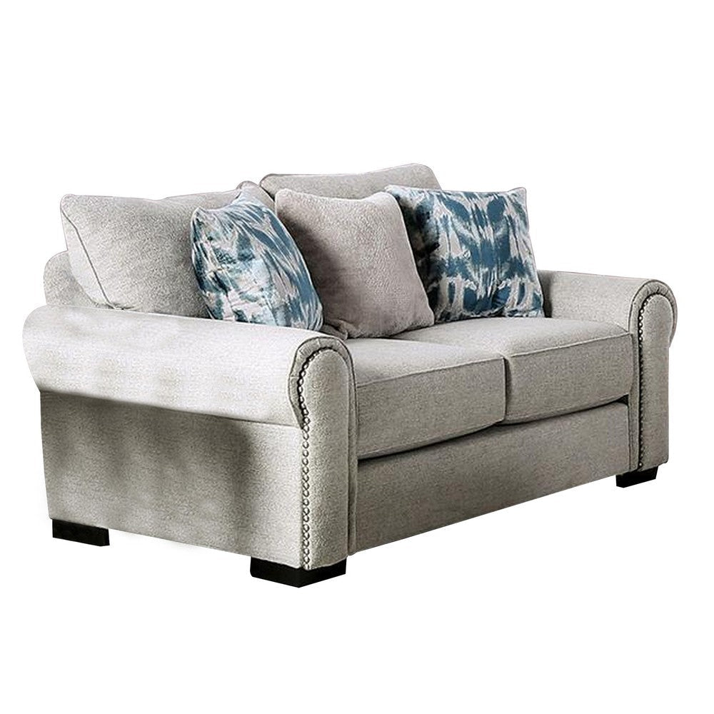 Beni 75 Inch Loveseat, Rolled Arms, 5 Pillows, Nailhead Trim, Beige, Blue By Casagear Home