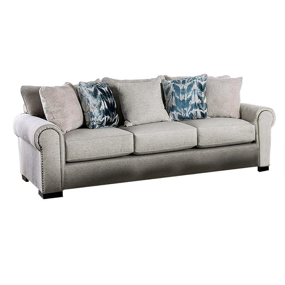 Beni 100 Inch Sofa, Rolled Arms, 5 Pillows, Nailhead Trim, Beige, Blue By Casagear Home