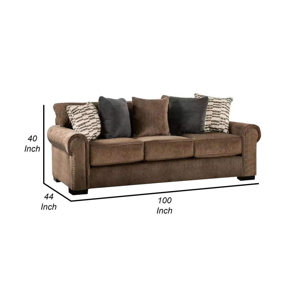 Beni 100 Inch Sofa Rolled Arms 5 Pillows Nailhead Trim Beige Brown By Casagear Home BM311105