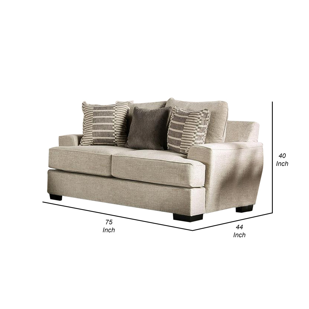 Loy 75 Inch Loveseat 3 Throw Pillows Cushioned Gray Beige Upholstery By Casagear Home BM311106