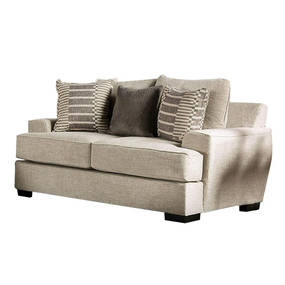 Loy 75 Inch Loveseat, 3 Throw Pillows, Cushioned, Gray, Beige Upholstery By Casagear Home