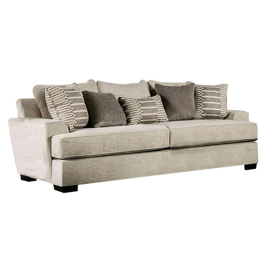 Loy 101 Inch Sofa, 5 Throw Pillows, Cushioned Seat, Gray, Beige Upholstery By Casagear Home