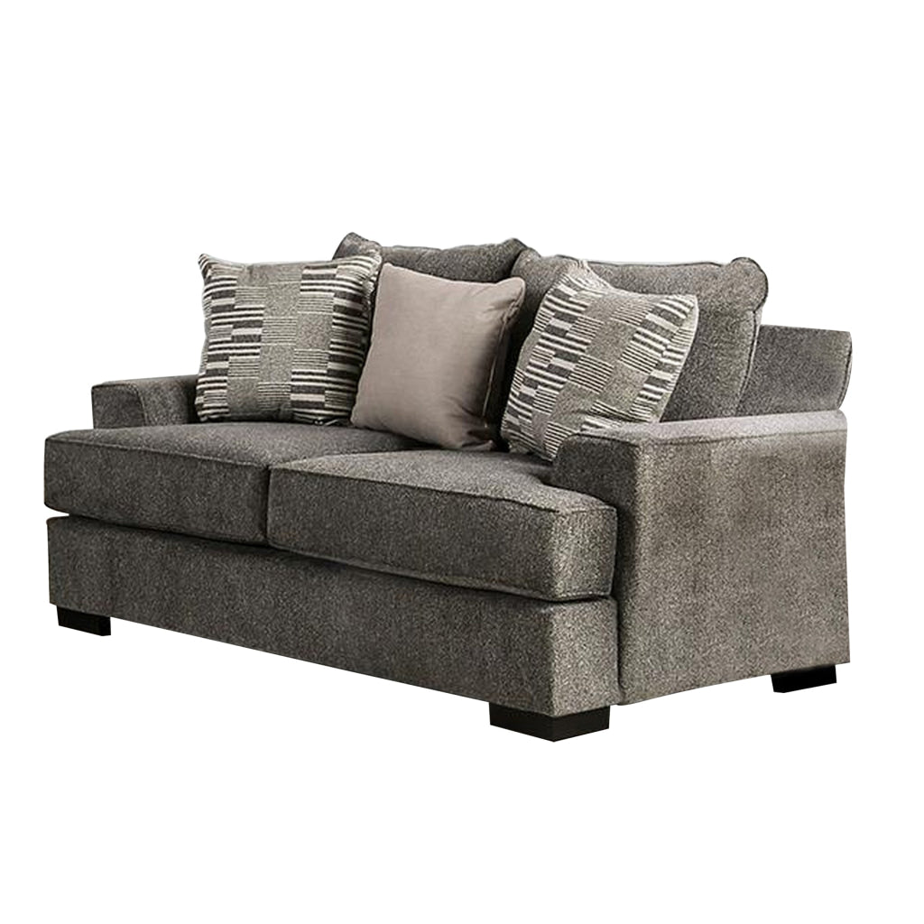 Loy 75 Inch Loveseat 3 Throw Pillows Cushioned Gray Taupe Upholstery By Casagear Home BM311108