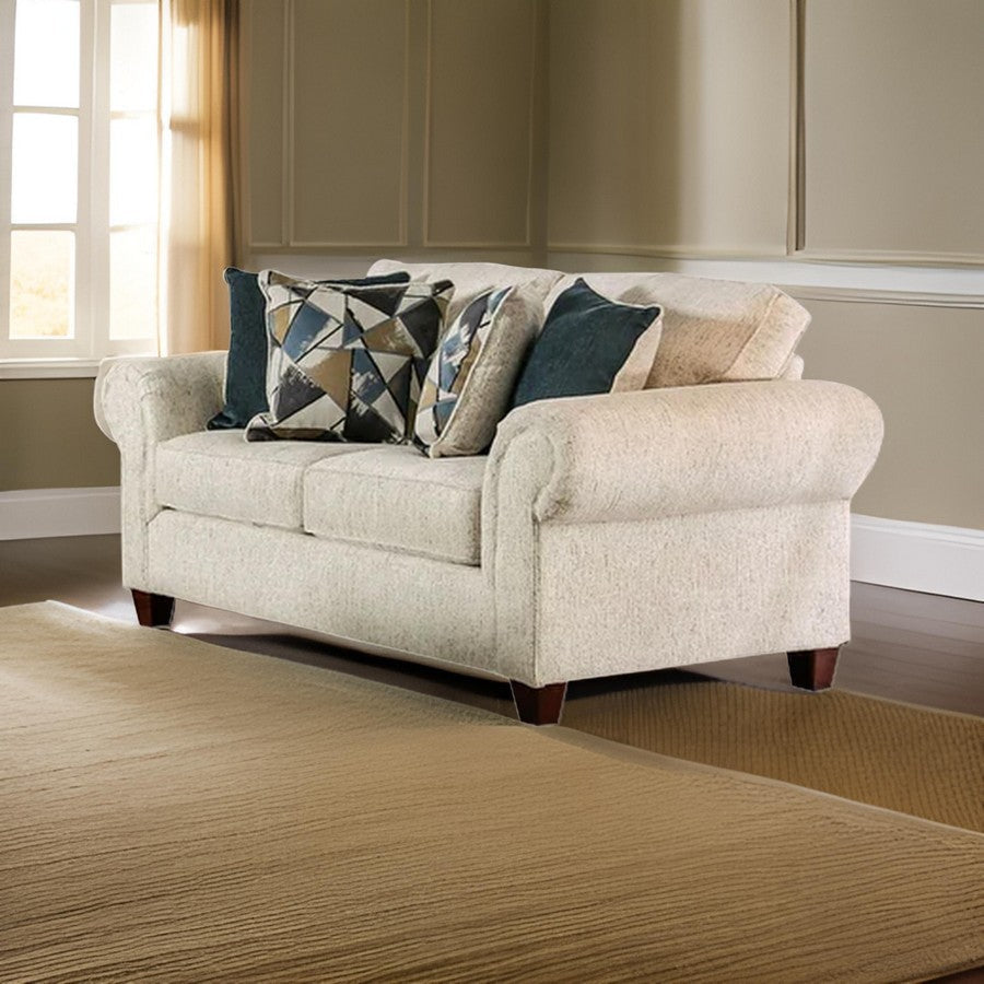 Due 72 Inch Loveseat Rolled Arms and 4 Accent Pillows Beige Chenille By Casagear Home BM311113