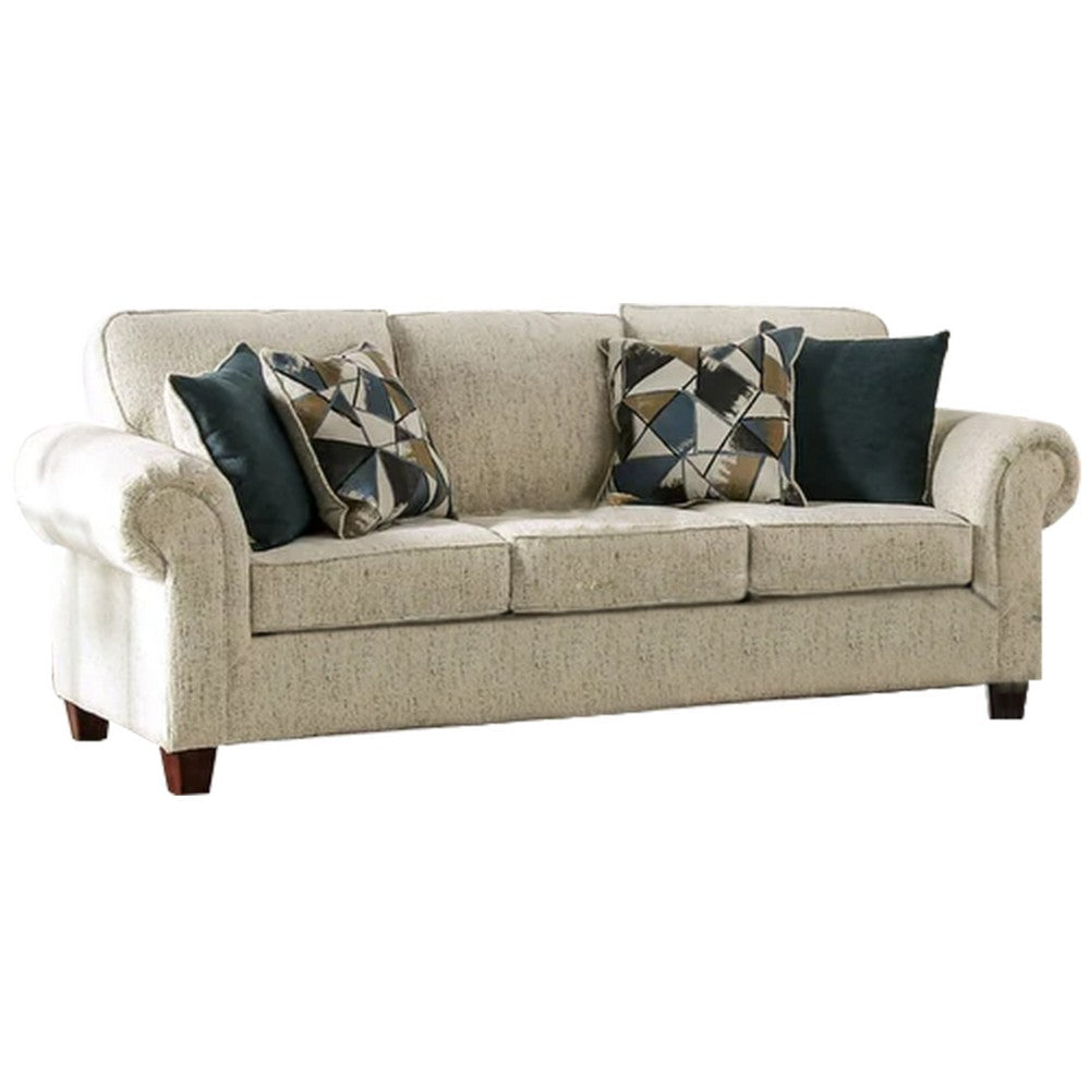 Due 91 Inch Sofa, Rolled Arms, 4 Accent Pillows, Beige Chenille Upholstery By Casagear Home