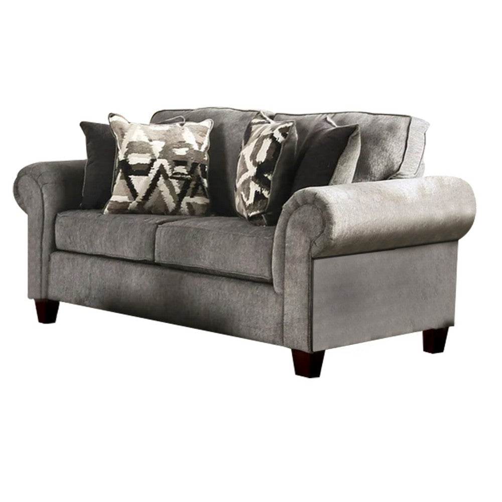 Due 72 Inch Loveseat, Rolled Arms and 4 Accent Pillows, Gray Chenille By Casagear Home