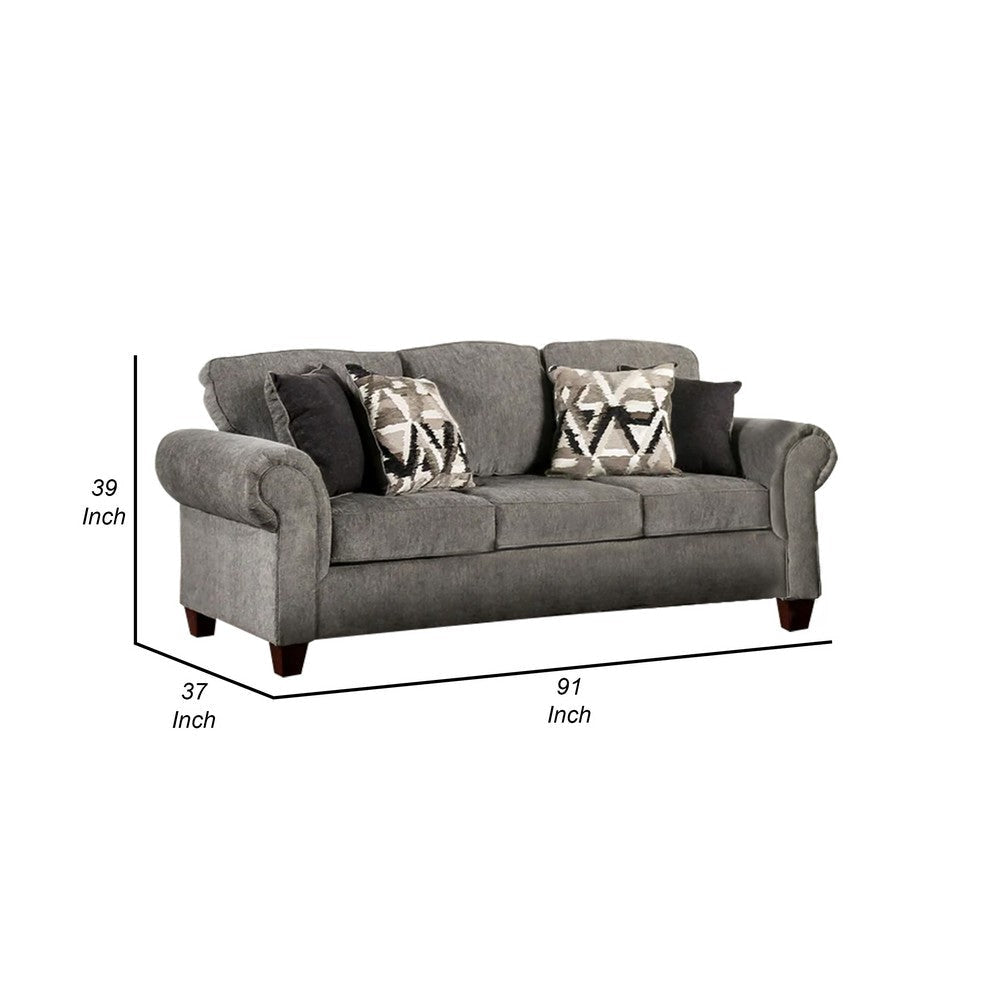 Due 91 Inch Sofa Rolled Arms 4 Accent Pillows Gray Chenille Upholstery By Casagear Home BM311116