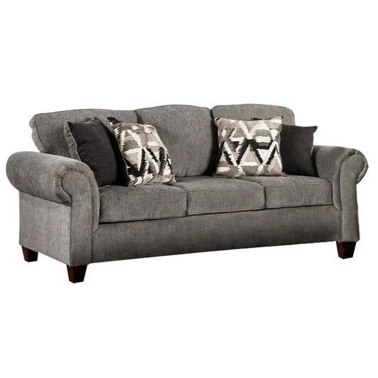 Due 91 Inch Sofa, Rolled Arms, 4 Accent Pillows, Gray Chenille Upholstery By Casagear Home