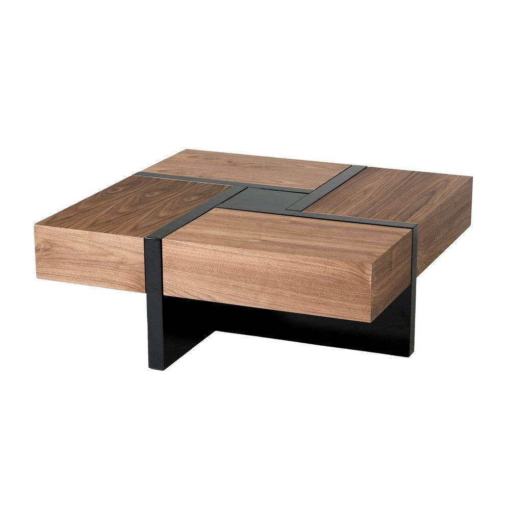 39 Inch Coffee Table Puzzle Design 4 Drawers Walnut Veneer Black By Casagear Home BM311134