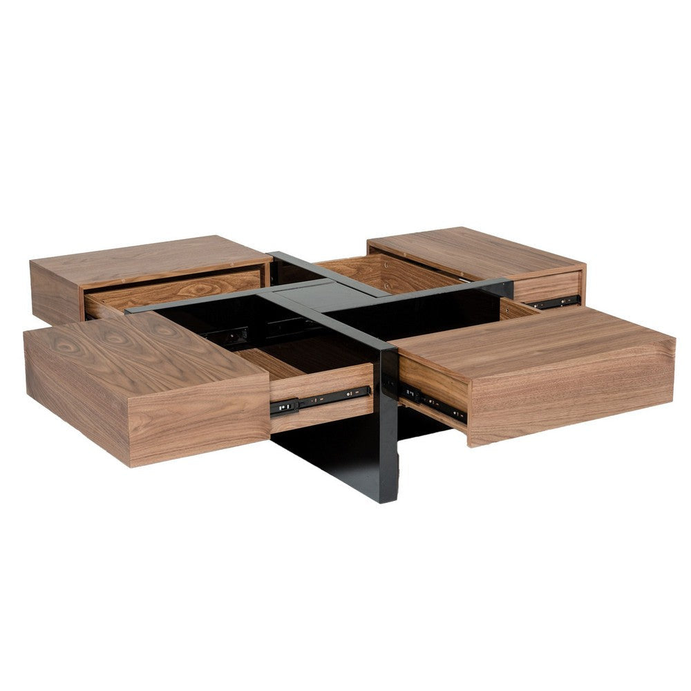 39 Inch Coffee Table Puzzle Design 4 Drawers Walnut Veneer Black By Casagear Home BM311134