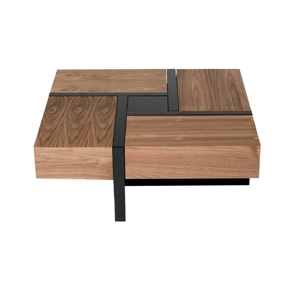 39 Inch Coffee Table, Puzzle Design, 4 Drawers, Walnut Veneer, Black By Casagear Home