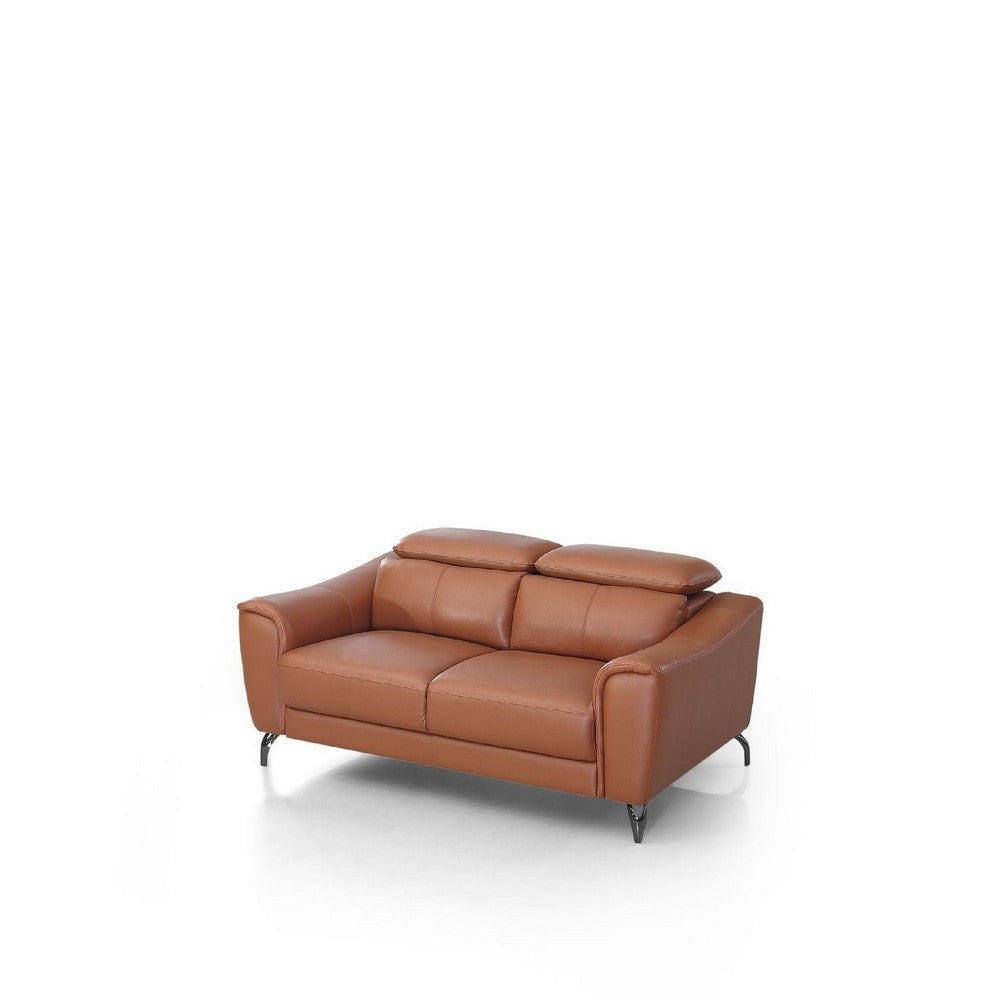 Reno Mave 65 Inch Loveseat Metal Legs Cognac Leather Upholstery Chrome By Casagear Home BM311139