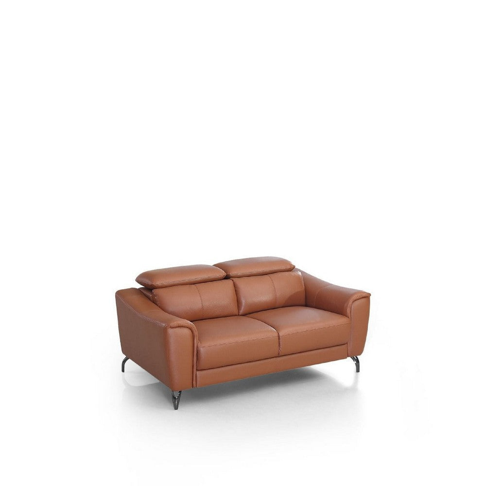 Reno Mave 65 Inch Loveseat Metal Legs Cognac Leather Upholstery Chrome By Casagear Home BM311139