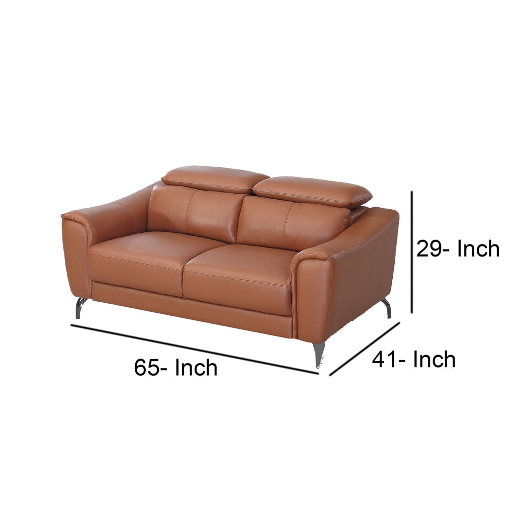 Reno Mave 65 Inch Loveseat Metal Legs Cognac Leather Upholstery Chrome By Casagear Home BM311139