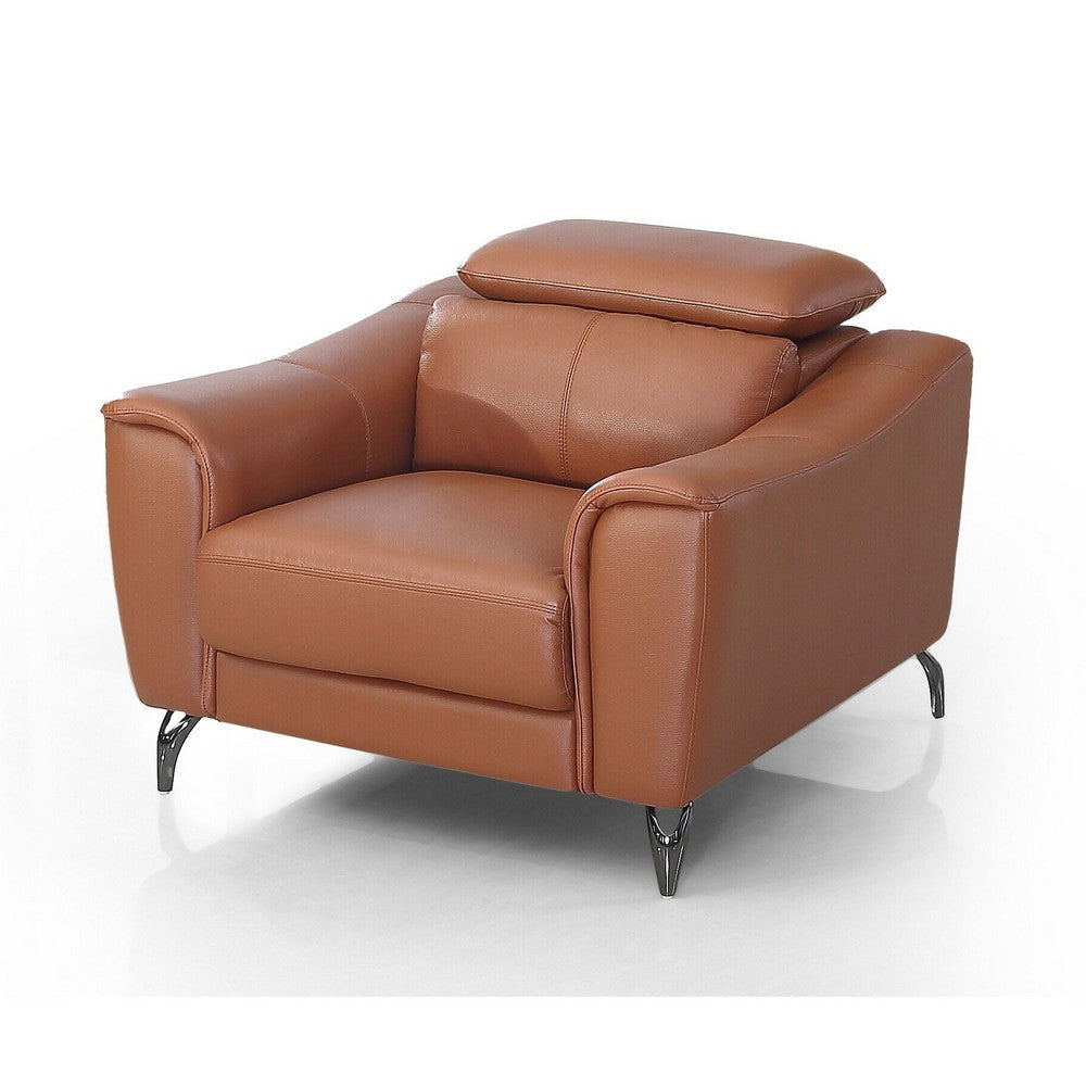 Reno Mave 42 Inch Chair, Metal Legs, Cognac Brown Leather Upholstery Chrome By Casagear Home