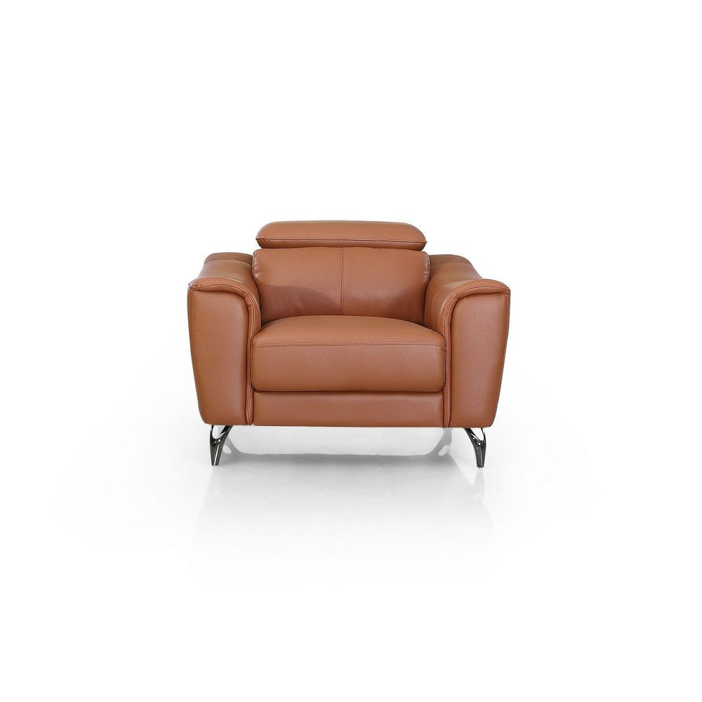 Reno Mave 42 Inch Chair Metal Legs Cognac Brown Leather Upholstery Chrome By Casagear Home BM311140