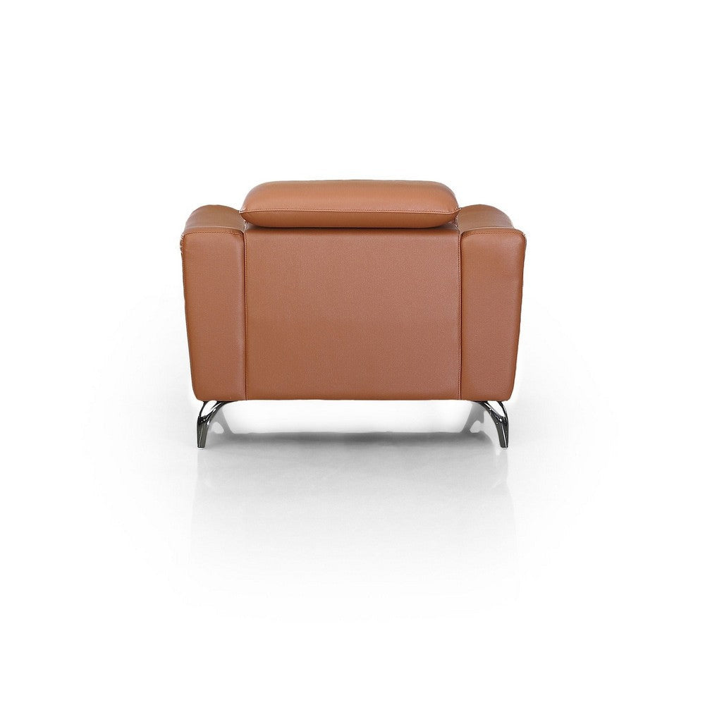 Reno Mave 42 Inch Chair Metal Legs Cognac Brown Leather Upholstery Chrome By Casagear Home BM311140