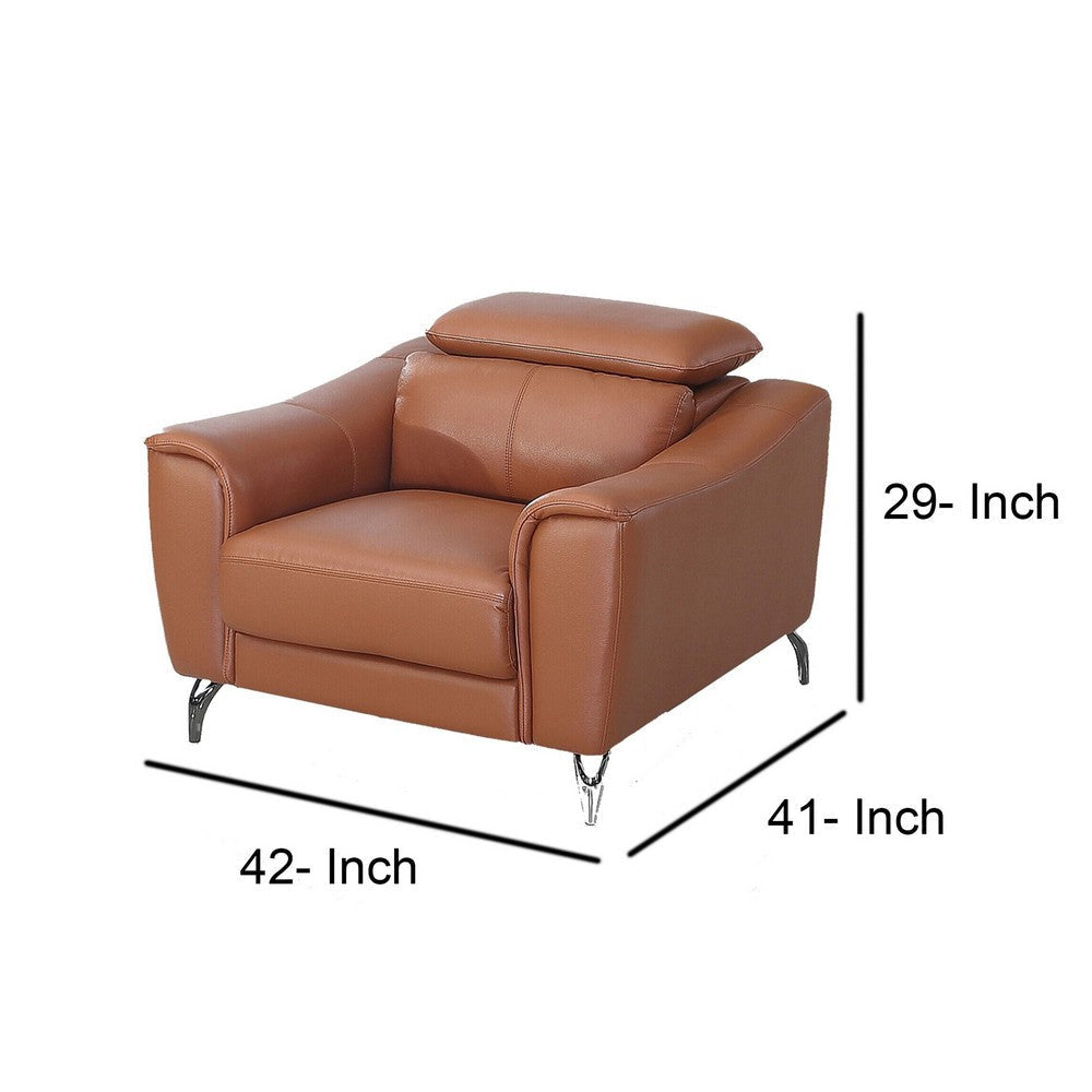 Reno Mave 42 Inch Chair Metal Legs Cognac Brown Leather Upholstery Chrome By Casagear Home BM311140