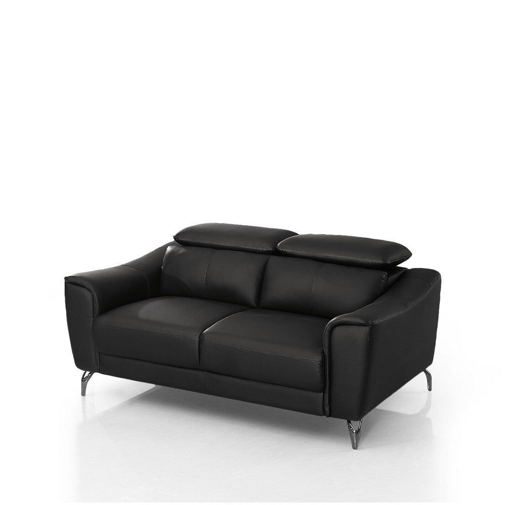 Reno Mave 65 Inch Loveseat, Metal Legs, Black Leather Upholstery, Chrome By Casagear Home