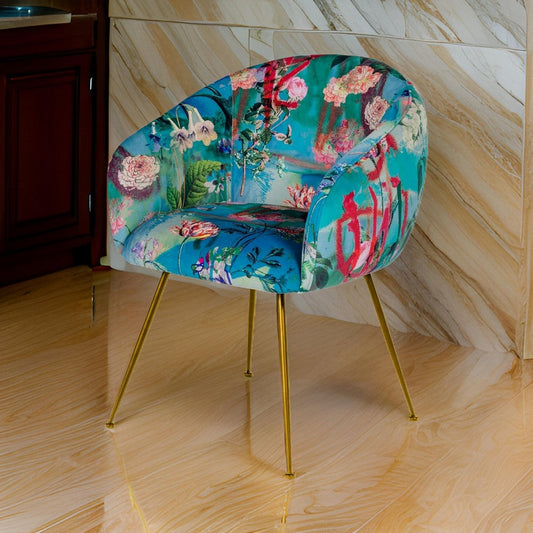 25 Inch Dining Chair, Floral Design, Gold Legs, Blue Velvet Upholstery By Casagear Home