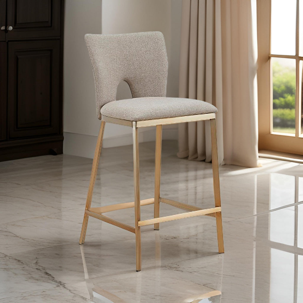 27 Inch Counter Stool Chair Set of 2 Beige Velvet Upholstery and Brass By Casagear Home BM311159