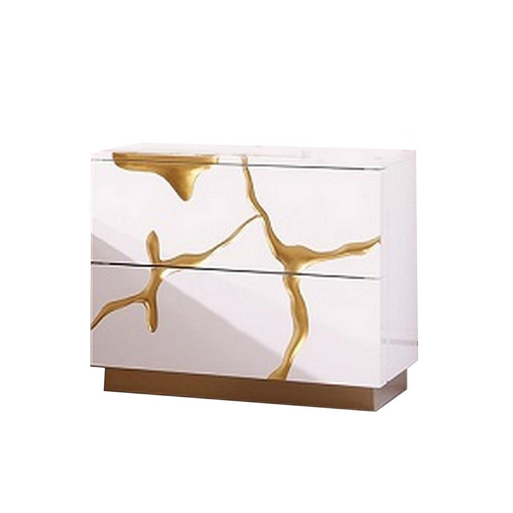 24 Inch Nightstand 2 Drawers Gold Details Metal Base White Wood By Casagear Home BM311162