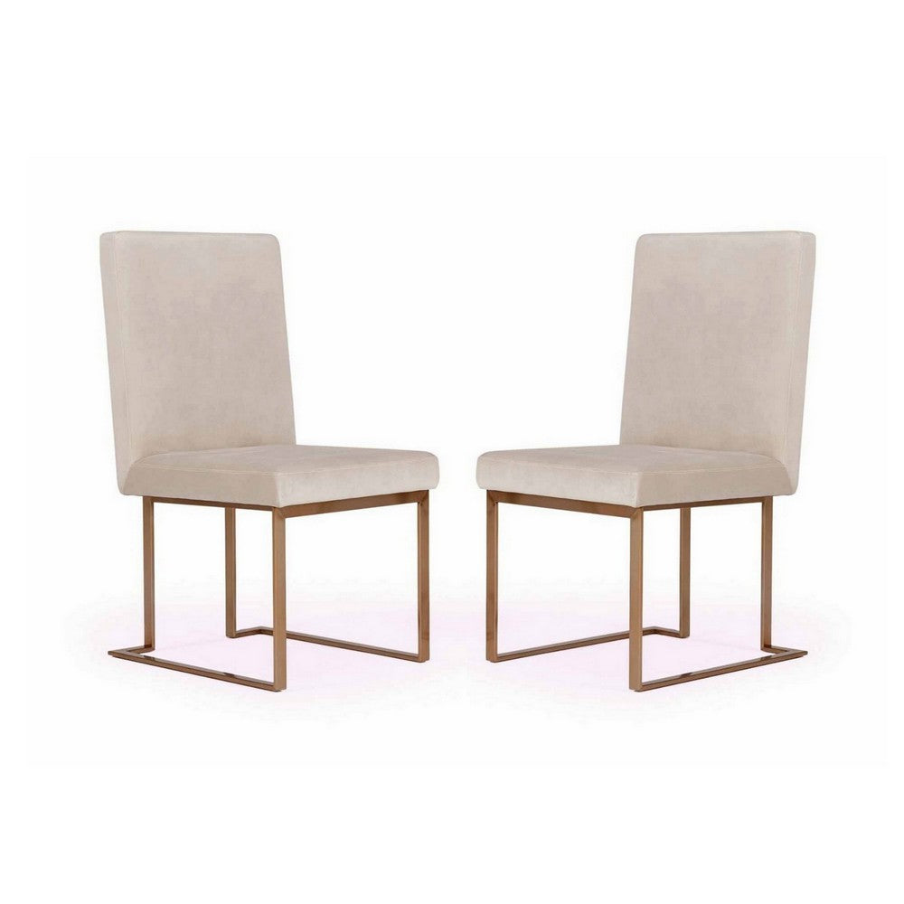 24 Inch Dining Chair Set of 2 Brass Steel Frame Beige Velvet Upholstery By Casagear Home BM311166