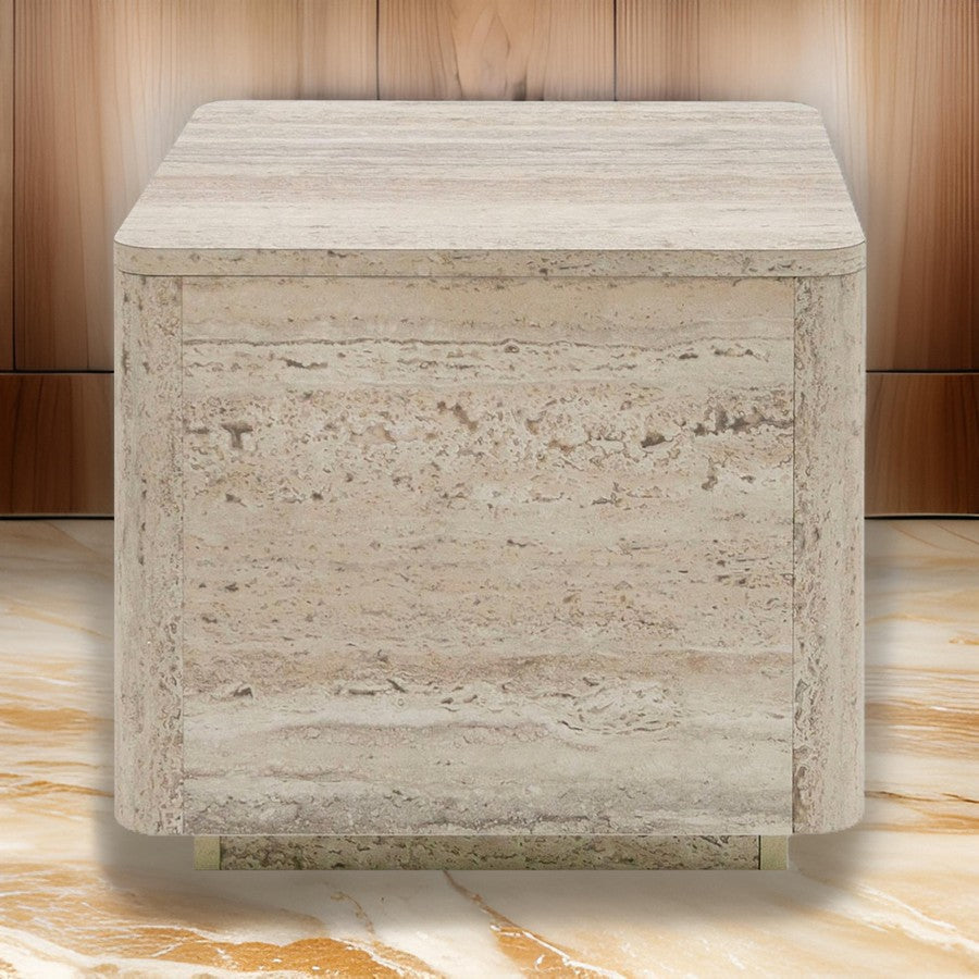 Lia 20 Inch End Table Square Travertine Stone Finish Laminated Top By Casagear Home BM311179