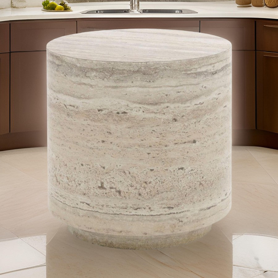 Lia 18 Inch End Table Round Travertine Stone Finish Laminated Top By Casagear Home BM311182