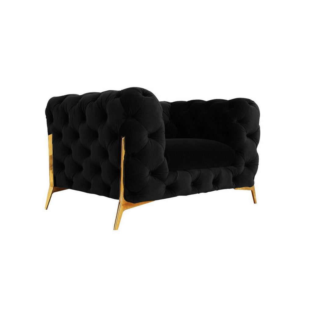 50 Inch Accent Chair Cushioned Button Tufting Black Velvet Upholstery By Casagear Home BM311194