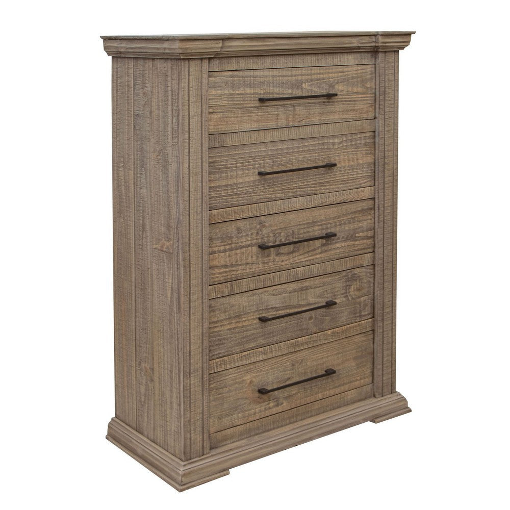 Tren 54 Inch Tall Dresser Chest, 5 Drawers, Pine Wood, Gray, Black Handles By Casagear Home