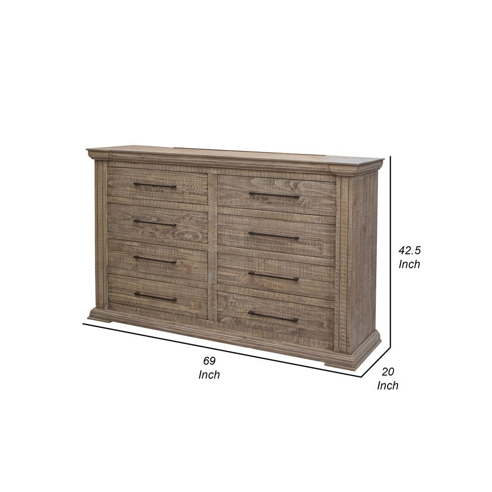 Tren 69 Inch Dresser 8 Drawers with Black Handles Pine Wood Gray By Casagear Home BM311199