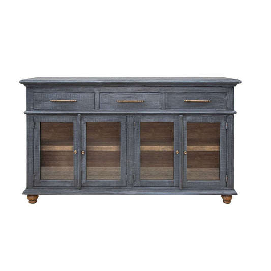 71 Inch Sideboard Console Table, 3 Drawers, 4 Glass Doors, Pine Wood, Blue By Casagear Home