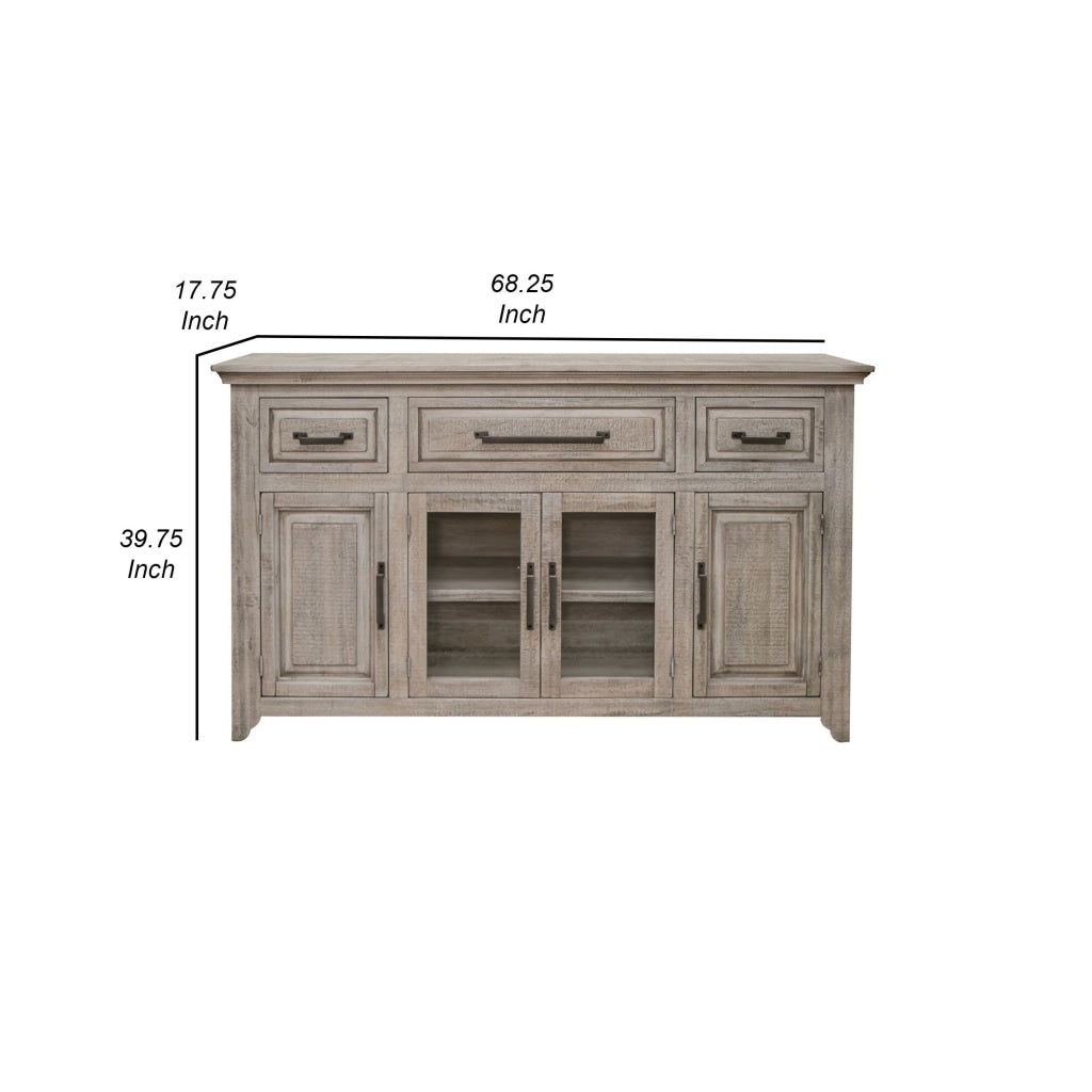 Rien 68 Inch Sideboard Console Pine Wood 4 Doors 3 Drawers Rustic Gray By Casagear Home BM311205