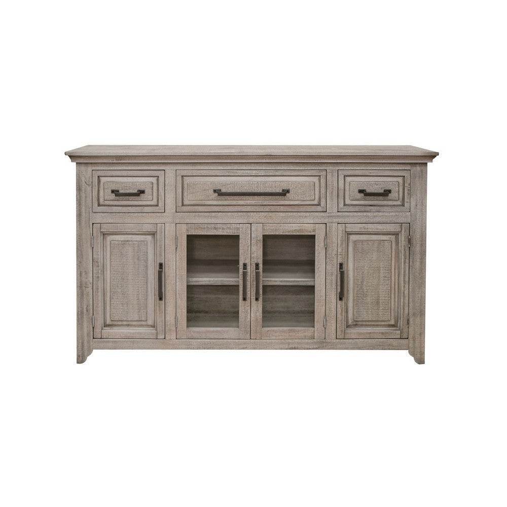 Rien 68 Inch Sideboard Console, Pine Wood, 4 Doors, 3 Drawers, Rustic Gray By Casagear Home