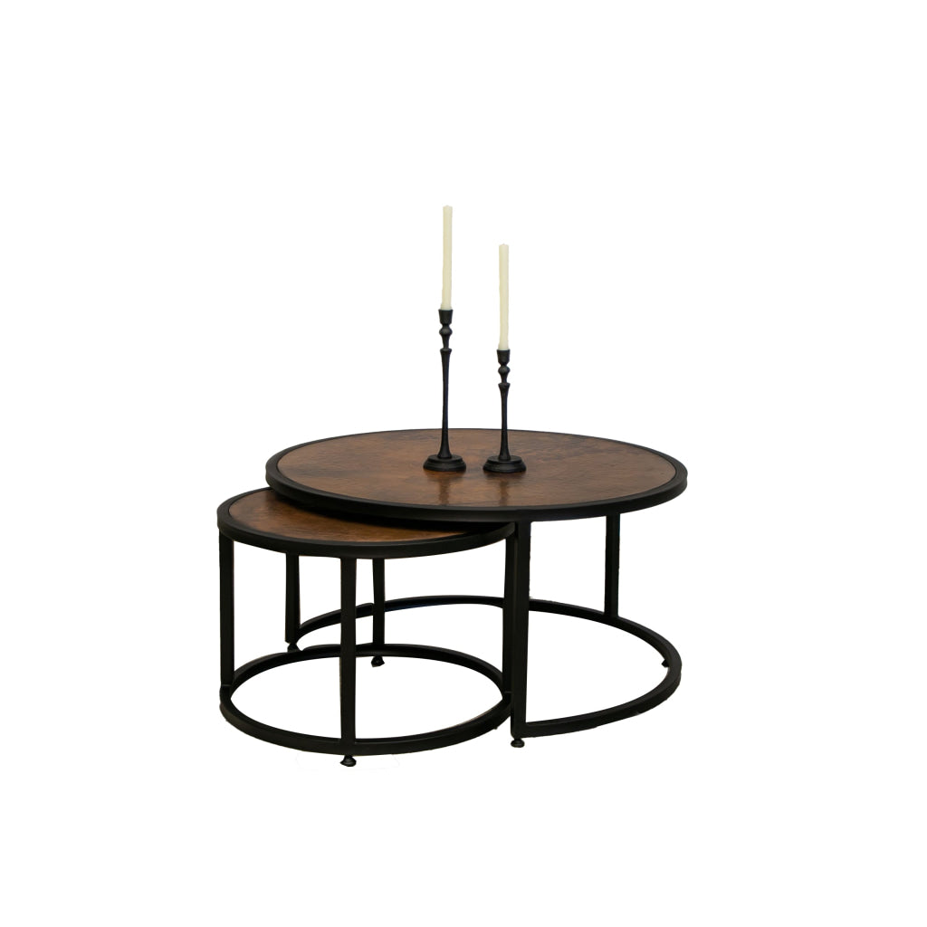 Brun Coffee Table Set of 2 Nesting Copper Top Black Iron Curved Base By Casagear Home BM311210