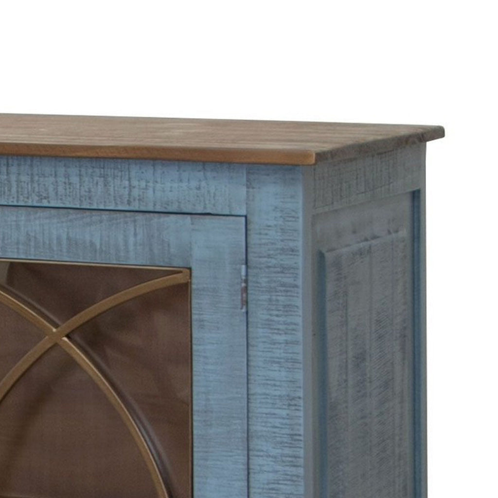 Miln 77 Inch Sideboard Console Blue Pine Wood 4 Doors Gold Accents By Casagear Home BM311221