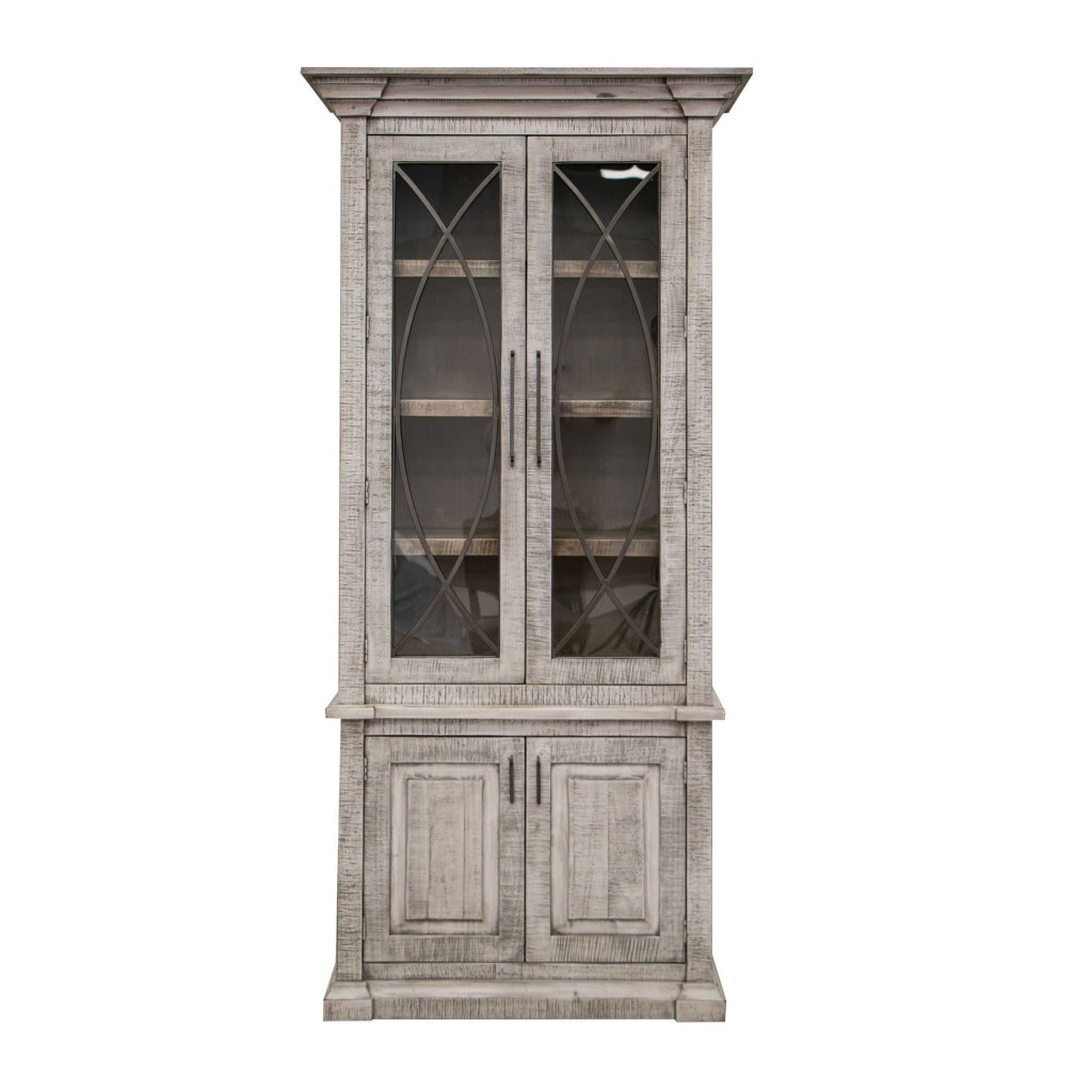 Miln 87 Inch Cabinet Pine Wood Weathered Gray 4 Doors Metal Handles By Casagear Home BM311222