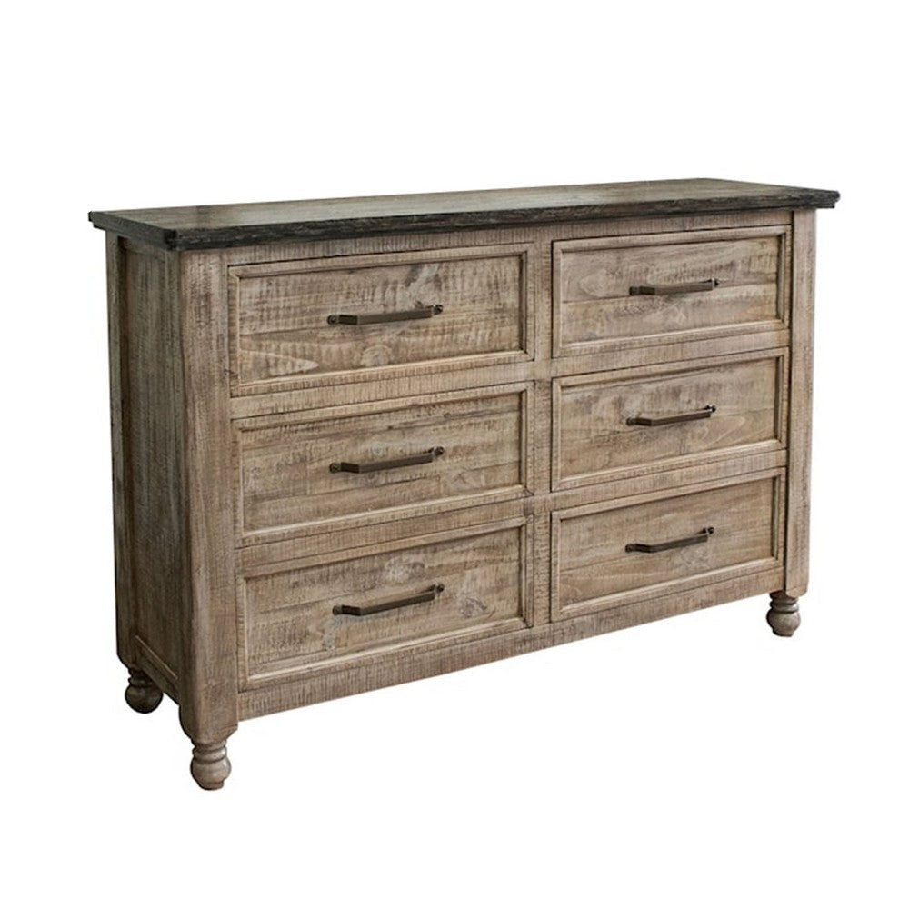 Nite 63 Inch Dresser, Pine Wood, 6 Drawers, Turned Legs, Taupe Brown By Casagear Home