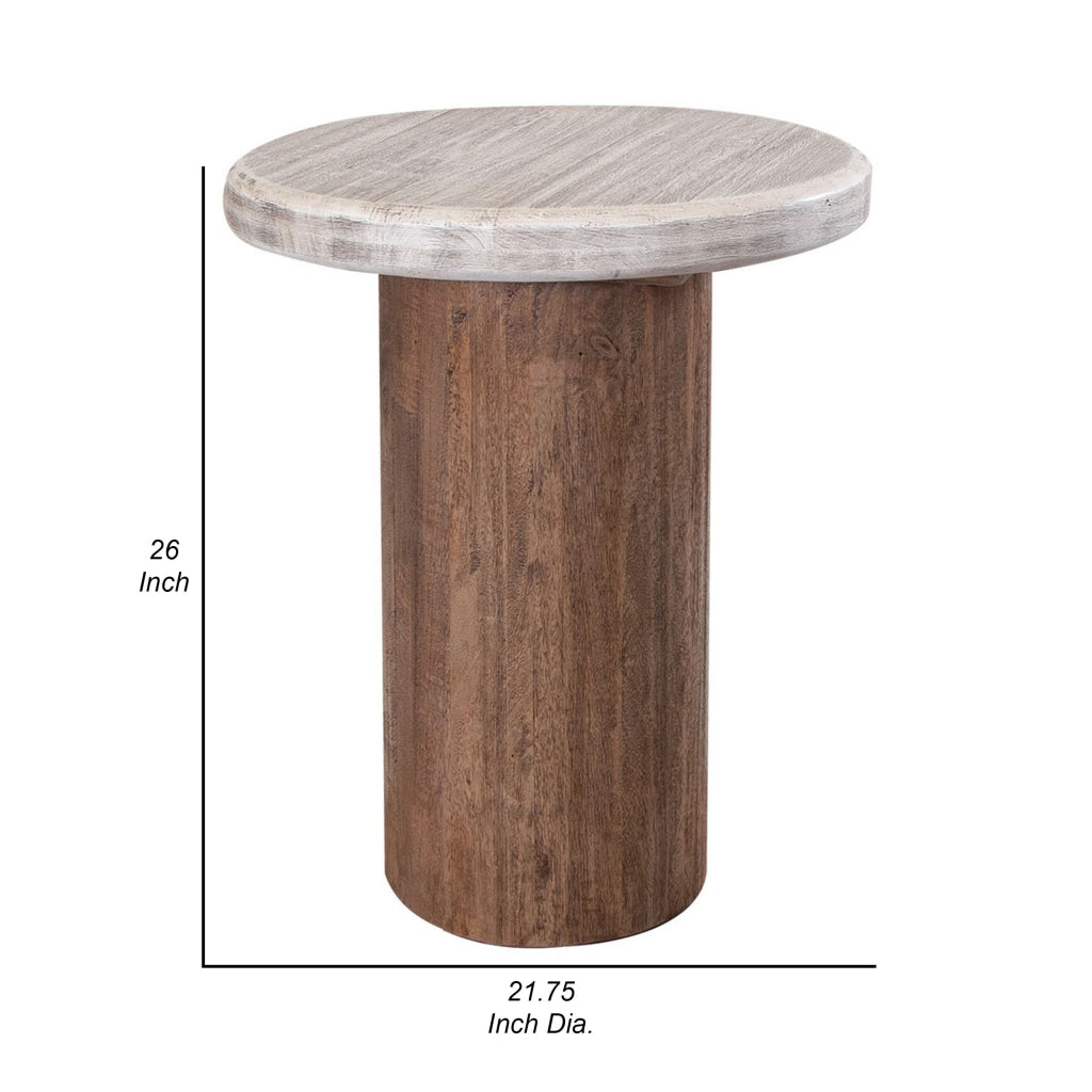 Kohl 26 Inch Side End Table Brown Mango Wood Drum Base Cream Floated Top By Casagear Home BM311232